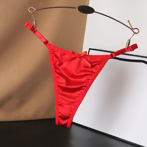 Women Red Satin Thong Panties Cute Bow Adjustable Thin Strap Low Waist T-Back Lingerie Luxury Ice <b>Silk</b> <b>Underwear</b> Wholesale - Product Image 3