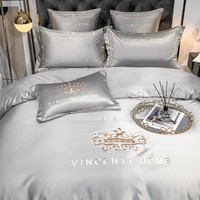 ODM 100% soie lavée gris adulte housse de couette king size broderie bleu taie d'oreiller maison textile ensemble de literie fournisseur