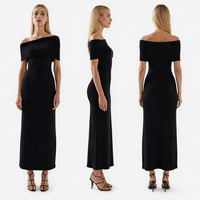 Robe en tricot fin noir pour femme, épaules dénudées, manches courtes, mi-longue, commande personnalisée, vente en gros