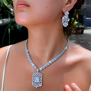 White Gold Color Blue Shiny Cubic Zircon Stone <strong>Indian</strong> Women Luxury Wedding Necklace and Earrings <strong>Costume</strong> <strong>Jewelry</strong> Set for Brides - Product Image 1