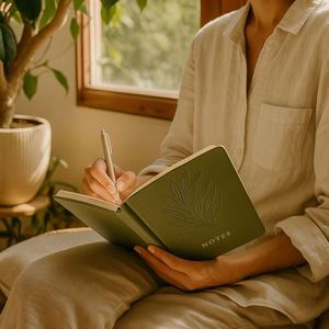 Olive Green Notebook Gift Set Debossed <b>Leaf</b> Design Minimalist PU Leather Journal and Beige Pen in Gift Box - Product Image 4