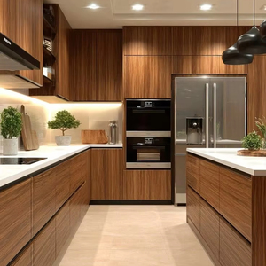 Armoires de <span class=keywords><strong>cuisine</strong></span> contemporaines en bois grainé sur mesure, <span class=keywords><strong>cuisine</strong></span> moderne en placage de noyer à panneaux plats avec îlot central pour la rénovation de la maison - Product Image 1