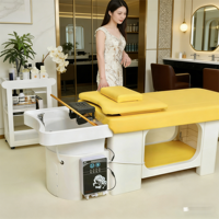 Lit de massage pour spa capillaire avec bac à shampoing et cascade, jaune citron, en PU, contrôle thermostatique électrique pour salon