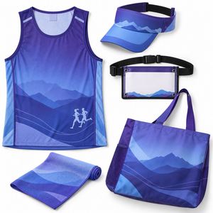 ชุดนักวิ่งฮาล์ฟมาราธอนแบบกำหนดเอง พร้อมเสื้อแขนกุด ผ้าคลุมศีรษะ ที่ใส่หมายเลขแข่งขัน ผ้าเช็ดตัวเย็น และกระเป๋าผ้าแบบใช้ซ้ำได้สำหรับงานแข่งขัน - Product Image 1
