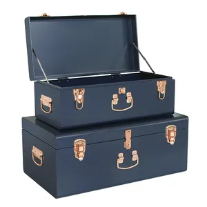 Dark Blue Set Of 2 Trunks Storage Decorative Trunks Steel Trunks With Rose Gold Metal Lock Accessories