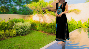 2022 verano Casual elegante mujer negro señoras cuello en V profundo bordado Maxi vestido con abertura lateral - Product Image 2