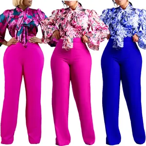 2023 봄 새로운 2 조각 세트 아프리카 여성 패션 꽃 인쇄 트럼펫 긴 소매 셔츠와 넓은 다리 바지 두 조각 세트