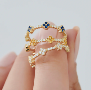 Clásico Plata de Ley 925 18K chapado en oro regalo Lucky Clover <span class=keywords><strong>Gemstone</strong></span> Cubic Zircon Eternity Band Ring para mujer joyería - Product Image 1