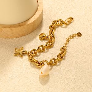 Stainless Steel Chunky <b>Chain</b> Shell Starfish Cuban Link Bracelet Geometricl Non Tarnish Beach Jewelry Trendy Summer Bracelet - Product Image 6