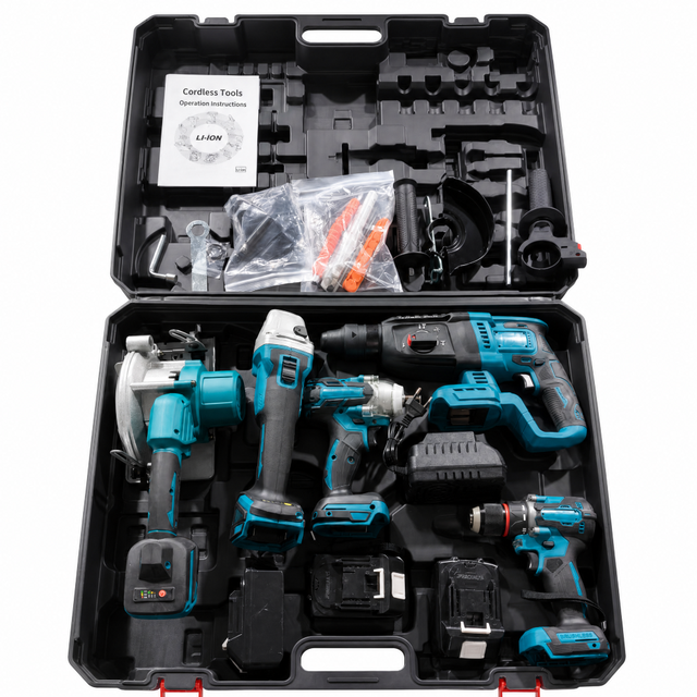 5 in 1 Brushless Cordless Power Tool Combo Kit Rotary Hammer Angle Grinder Circular Saw Impact Wrench Drill Lithium Tool Set