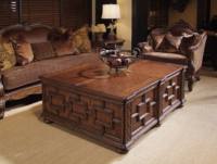 Table basse vintage américaine en bois massif avec 6 tiroirs de rangement, plateau relevable, panneau encastré, cadre sculpté, pieds en forme de pattes de cerf, finition vieillie