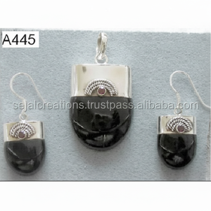 925 Sterling <b>Silver</b> Black Stone <b>Earrings</b> and Pendant <b>Big</b> Stone Jewelry for Gift Occasions - Product Image 1