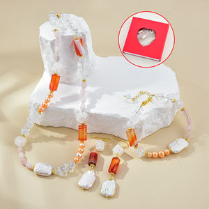 Women's Summer Bohemian Style Agate and Rose Quartz Jewelry <b>Set</b> with Necklace Earrings <b>Bracelet</b> Trendy - Product Image 2