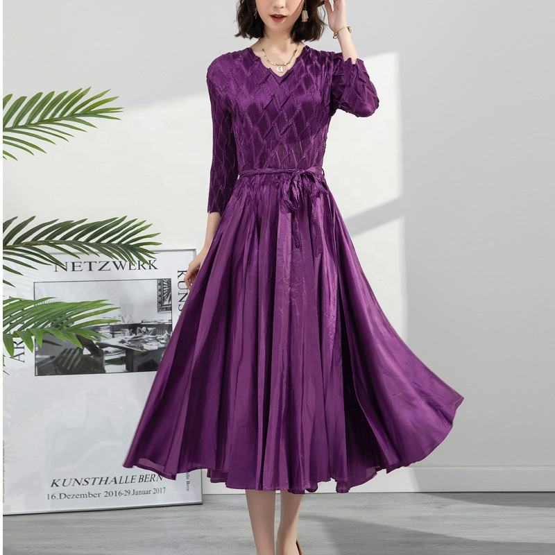 Modest Korean Ladies Plus Size Silk Maxi Party Long Dress Pleated Long  Sleeve Beach Dresses Women Lady Elegant