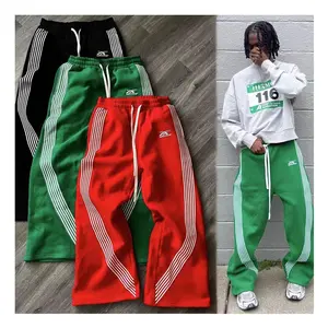 Custom Embroidery Unisex Stripe Sweatpants Jogger Trousers Oversized Baggy Wide Leg Cotton Knit Track Flared Sweat Pants For Men