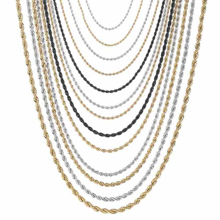 3mm Wide Stainless Steel Gold Rope Chain Necklace Twisted Design