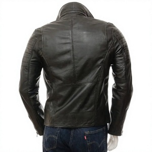 <b>Men's</b> Genuine <b>Leather</b> Heated Moto Jacket Slim Fit Zipper Closure Mandarin Collar Winter Style Solid Color Regular Length Front - Product Image 2