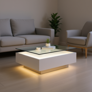 Tavolino da Caffè Bianco 39.4x39.4x12.2 Pollici con Luce LED, Piano in Vetro Temperato, Struttura in Metallo, Arredamento Minimalista Moderno per Soggiorno - Product Image 2