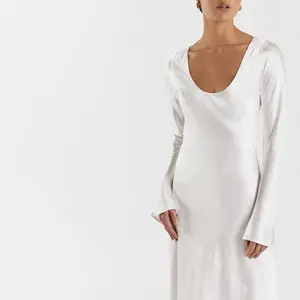 Enyami Romántico Chic Elegante Corte Simple Elegante Satén Elegante Cuello en U Manga Larga Maxi Vestidos Casuales Mujeres