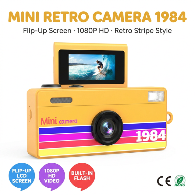 Palm-sized Mini Digital Camera 180 Degree Flip Selfie Screen with Flashlight Multiple Filters Keychain Portable Camera OEM