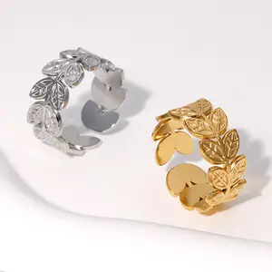 Cincin Korea daun tidak ternoda cincin terbuka baja tahan karat emas harga grosir cincin dapat disesuaikan untuk wanita anak perempuan