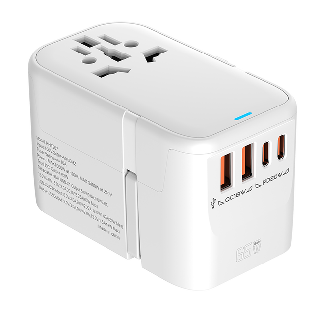 65W GaN Fast Charging Universal Travel Power Adapter 50cm Retractable Cable Worldwide Travel Plug 10A Rated Current EU/UK/US/AU