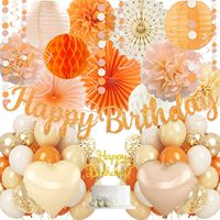 Décorations de fête d'anniversaire bohèmes automne orange-pêche - Bannière Joyeux Anniversaire, lanternes en papier, pompons en papier, fournitures de ballons