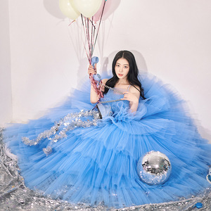 Blue Off Shoulder Tulle Long Skirt Performance Wear For Women Stage Dress Princess Petticoat Style - Product Image 3