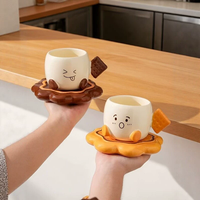 Tasse et soucoupe en céramique créatives en forme de biscuit de dessin animé, motif visage mignon, vaisselle pour le thé de l'après-midi