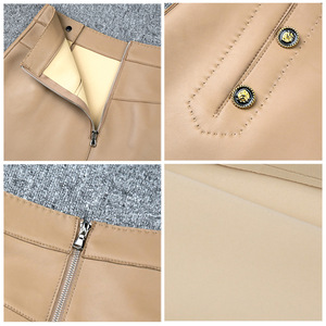 Jancoco Khaki <strong>White</strong> Solid Color High Waist Short Real Sheepskin Women <strong>Leather</strong> Mini <strong>Skirt</strong> - Product Image 4