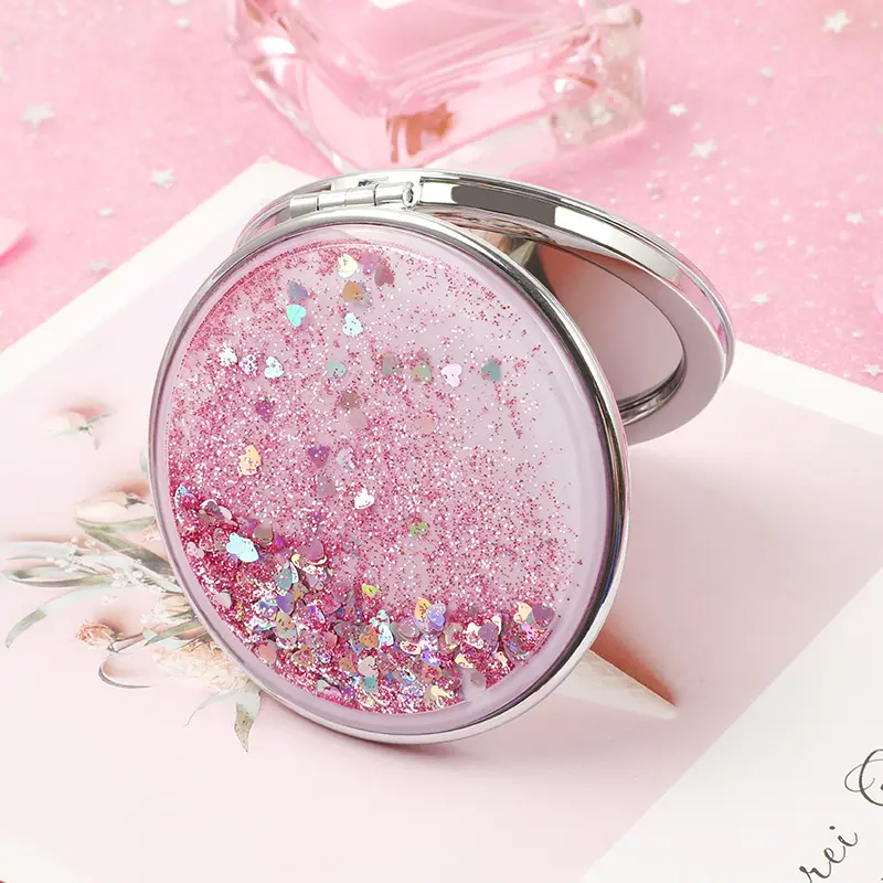 Custom Private Logo Mini Folding Round Small Hand Mirrors Double Sided Quicksand Liquid Glitter Compact Pocket Mirror For Makeup