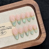 Design # 2897 Faux Ongles à Presser de Haute Qualité, 10 Pièces, Faits Main, French Manucure Simple, Effet Œil de Chat, Amande, en Acrylique et Gel