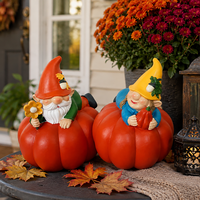 Set 2 Pasang Gnome Taman Musim Gugur dengan Figur Resin Lukisan Tangan Bentuk Labu, Dekorasi Teras Panen Musim Gugur Lukisan Tangan untuk Thanksgiving