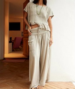 Conjunto de 2 Piezas Personalizado para Mujer, Top con Volantes de Manga Corta y <span class=keywords><strong>Pantalones</strong></span> Anchos con Cordón, Ropa de Estar por Casa, Fabricante - Product Image 4