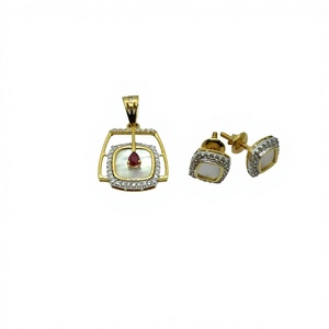 Gold Square Design Stud Earrings with Matching Pendant Set Elegant Pearl and <b>Ruby</b> Look Jewelry for Women - Product Image 3