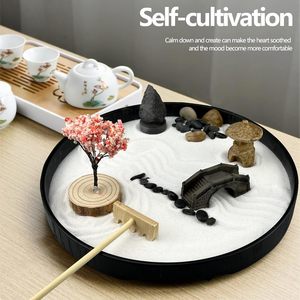 Kit de <span class=keywords><strong>jardin</strong></span> zen japonais en résine, religieux bouddhiste, grand plateau rond de 8 pouces avec 6 accessoires de broussailles et mini plateau de rangement, décoration de bureau faite à la main - Product Image 4