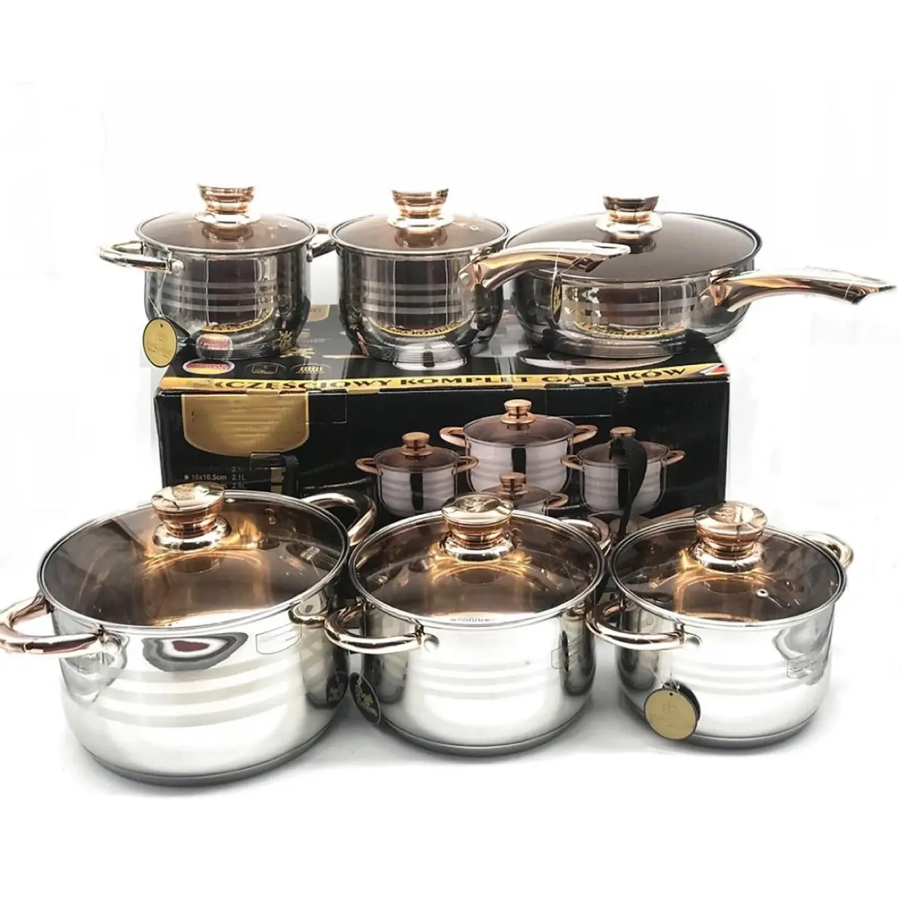 Baodijun Fabriek Directe Hete Verkoop 12 Stuks Roestvrij Staal Gouden Kookpotten En Pannen Anti-Aanbaklaag Cookware Sets