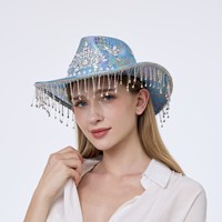 Chapeau de cowboy bohème en gros, bleu irisé, imprimé serpent, franges en strass, pour festivals, fêtes personnalisées, pour femmes