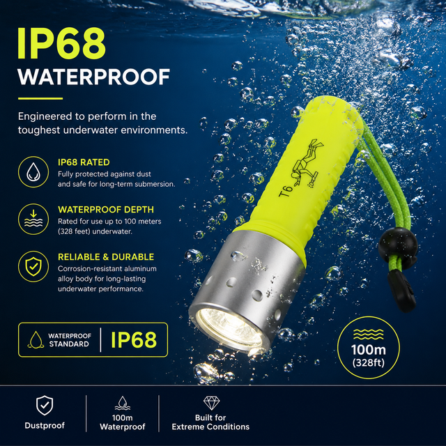 High-brightness T6 LED Handheld Diving Flashlight IP68 Rated Suitable for Use at Depths of up to 20 Meters