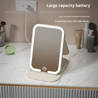Miroir de maquillage avec lumière LED, cadre en verre PU/PS/PVC, portable, pliable, sur pied, design moderne et simple, pour bureau, étudiant, dortoir, maison