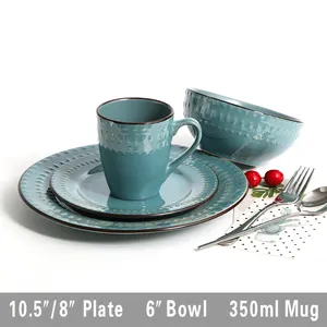 Vaisselle en céramique en relief glaçure de couleur 16 pièces ensemble de dîner en porcelaine ensemble de vaisselle
