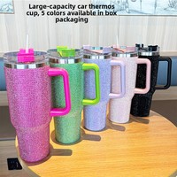 Thermos de voiture 40oz haut de gamme, incrusté de diamants, avec poignée, grande capacité, résistant à la glace, en acier inoxydable, isolé sous vide, avec paille