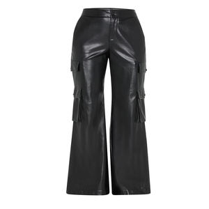 Pantalon en <span class=keywords><strong>jean</strong></span> extra long plat à taille haute pour femmes pantalon en <span class=keywords><strong>cuir</strong></span> cargo <span class=keywords><strong>noir</strong></span> droit à jambe large pour femmes - Product Image 1