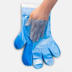 Gants jetables en PEHD bleus pour la préparation alimentaire avec languettes de suspension, gants en plastique gaufré taille unique - Product Image 1