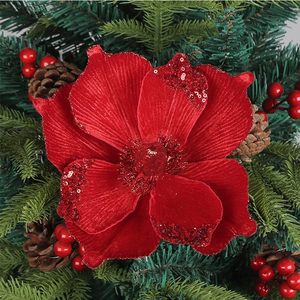 Velvet Artificial Glitter Magnolia Flowers and Poinsettia Ornaments <b>for</b> <b>Christmas</b> <b>Tree</b> 21x24CM Matel <b>Base</b> Home Decoration - Product Image 2