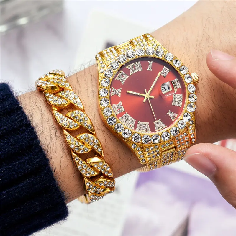 WJ-10370 Gilded Full Diamond Watch And Bracelet Set Luxury Women 18K Gold Dubai Jewelry Sets For Women