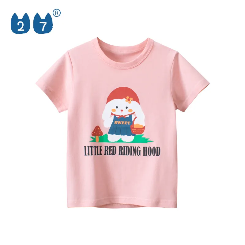 100%Cotton Pink Cartoon Short Sleeve Summer Custom Kids Girls T Shirts