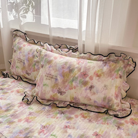 Parure de lit en gaze froissée 100% polyester, imprimé papillon, bordure noire à volants, 4 pièces, sensation nuage