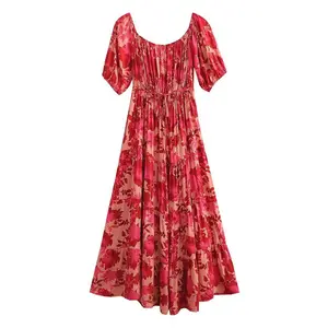 QZ3016 New 2023 Summer Chic Red Floral Print Short Sleeve Slim Waist Long Dress Women Rayon Dresses Clothes 3