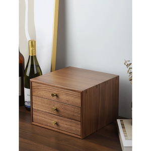 Black Walnut Wood Multi Drawer Storage Box <b>Rectangle</b> Standing Type Office Desktop Organizer Solid Color 3 Drawers - Product Image 1